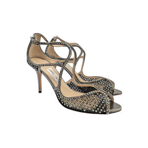Jimmy Choo Metallic Pewter Gunmetal Swarovski Crystal Mesh Heels Size 39.5